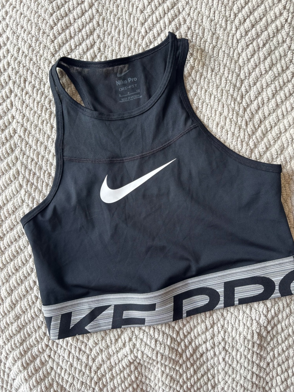 Nike Black Sports Crop Top with White Swoosh and Striped Band